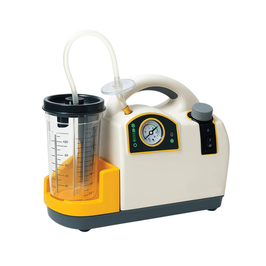 Medical device with a measuring container and control panel on a white background