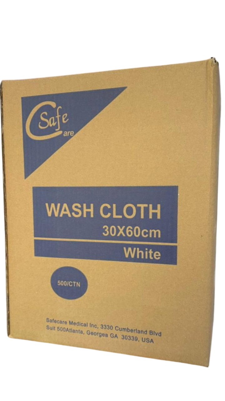 Box of white wash cloths with 'Safe Care' branding on a white background