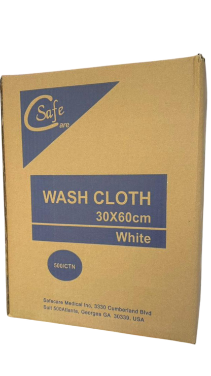 Box of white wash cloths with 'Safe Care' branding on a white background