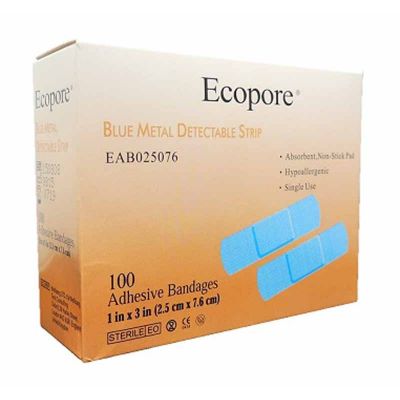 Bandages  Ecopore Blue Metal Detectable Strip, 2.5 x 7.6cm