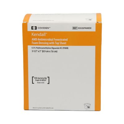 Kendall AMD Antimicrobial Fenestrated Foam Dressing – 3.5x3in (8.9x7.6cm) – Pack of 10