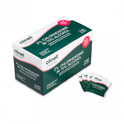CLINELL ALCOHOLIC 2% CHLORHEXIDINE MEDICAL DEVICE WIPES - BOX OF 240'S