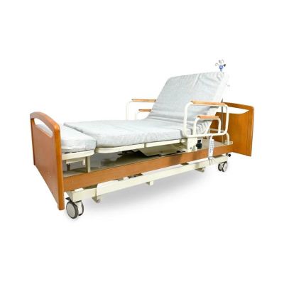 Side view of electric hospital bed with swivel function and safety rails